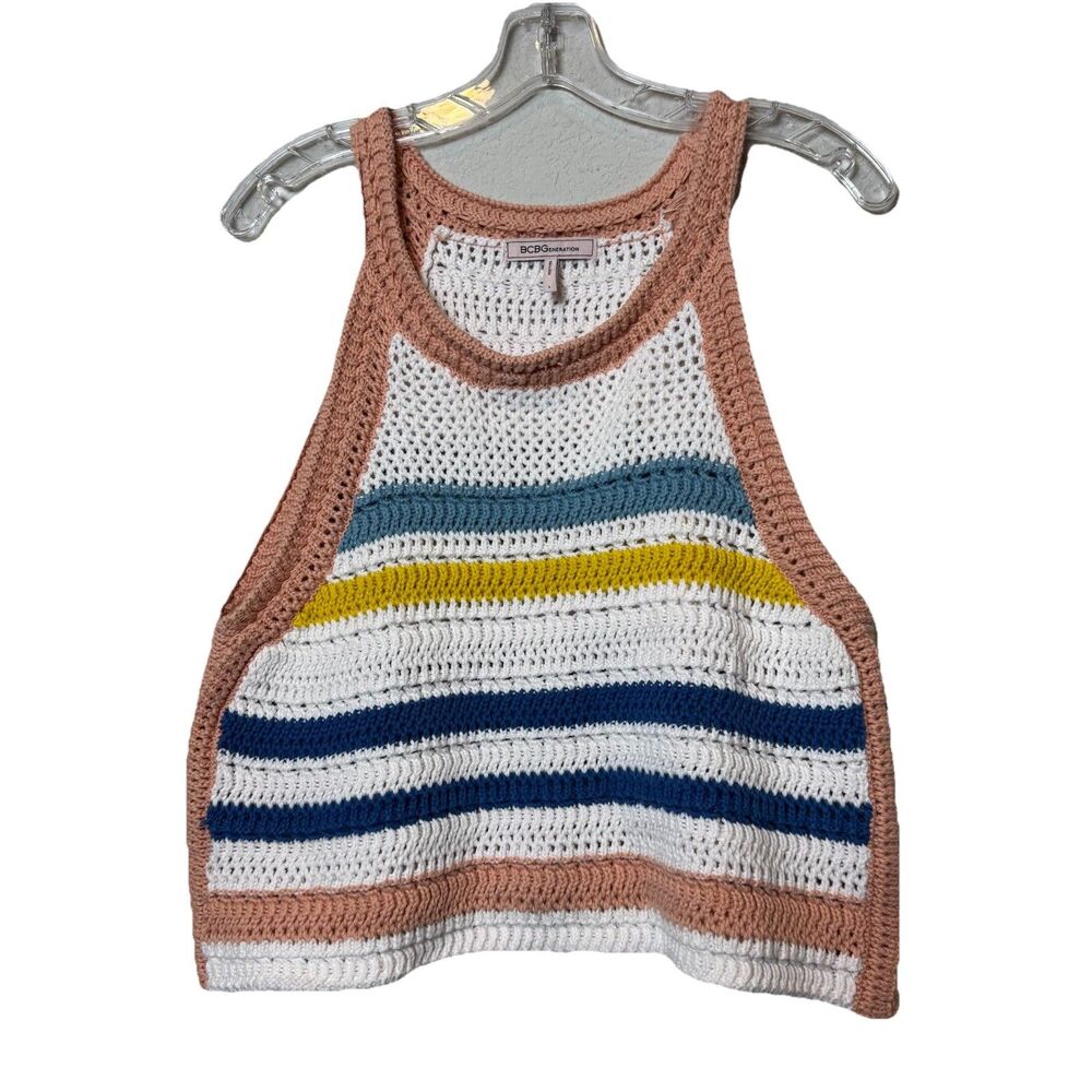 BCBGeneration 100% Cotton Crochet Crop Top White Blue Stripe Summer Beachy Sz L